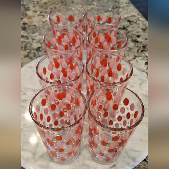 VINTAGE mid-century Indonesian FG polka dot glasses red and pink set of 8 - Picture 3 of 4